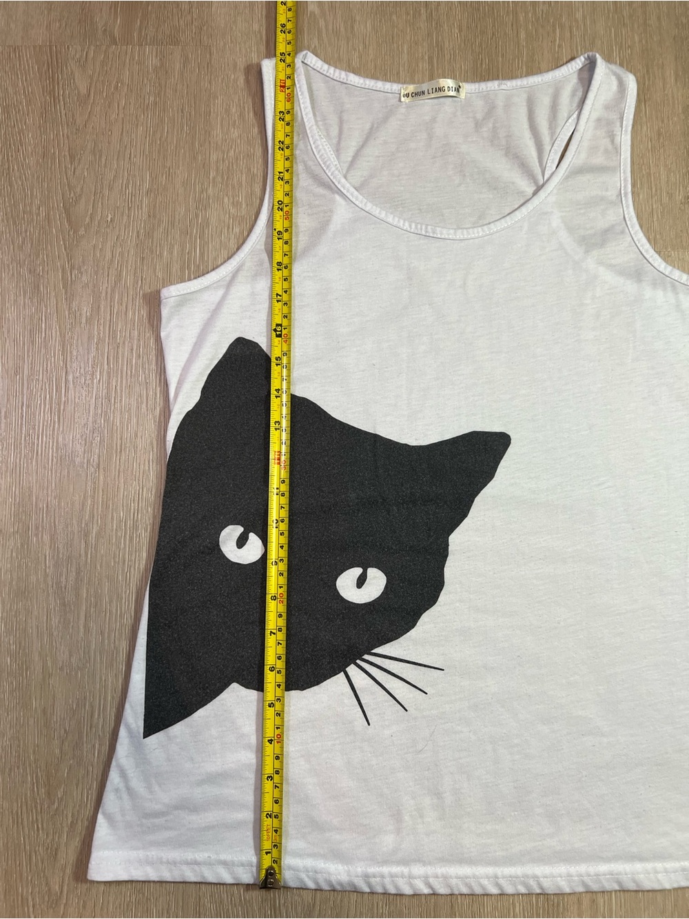 White Tank Top with Black Cat Print Semi-Sheer - Picture 5 of 6